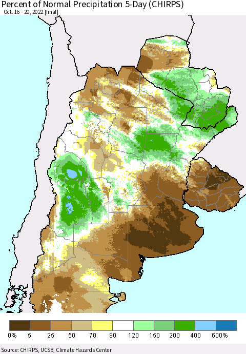 Southern South America Percent of Normal Precipitation 5-Day (CHIRPS) Thematic Map For 10/16/2022 - 10/20/2022