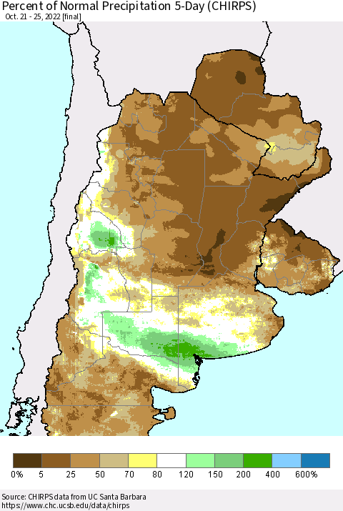 Southern South America Percent of Normal Precipitation 5-Day (CHIRPS) Thematic Map For 10/21/2022 - 10/25/2022