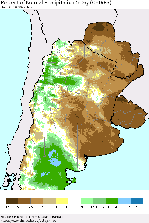 Southern South America Percent of Normal Precipitation 5-Day (CHIRPS) Thematic Map For 11/6/2022 - 11/10/2022