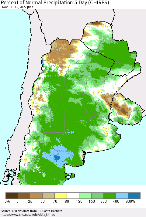 Southern South America Percent of Normal Precipitation 5-Day (CHIRPS) Thematic Map For 11/11/2022 - 11/15/2022