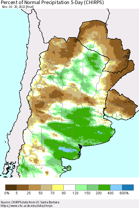 Southern South America Percent of Normal Precipitation 5-Day (CHIRPS) Thematic Map For 11/16/2022 - 11/20/2022