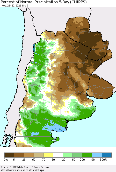 Southern South America Percent of Normal Precipitation 5-Day (CHIRPS) Thematic Map For 11/26/2022 - 11/30/2022