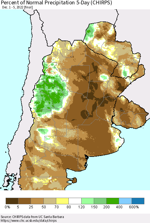 Southern South America Percent of Normal Precipitation 5-Day (CHIRPS) Thematic Map For 12/1/2022 - 12/5/2022