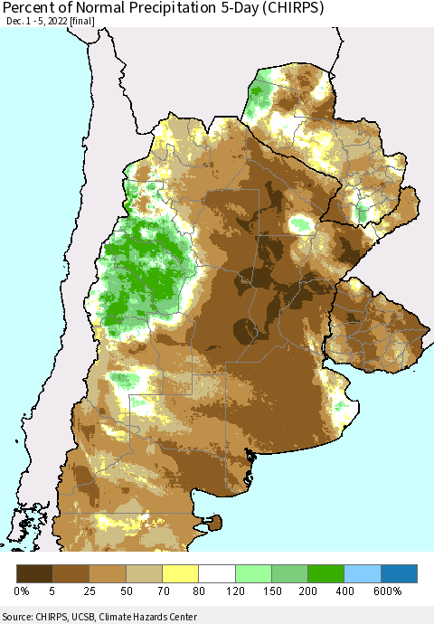 Southern South America Percent of Normal Precipitation 5-Day (CHIRPS) Thematic Map For 12/1/2022 - 12/5/2022