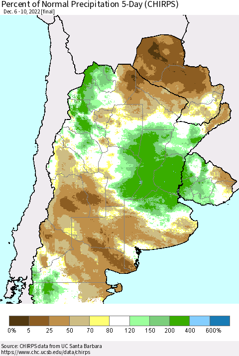 Southern South America Percent of Normal Precipitation 5-Day (CHIRPS) Thematic Map For 12/6/2022 - 12/10/2022