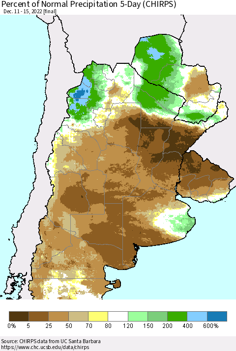 Southern South America Percent of Normal Precipitation 5-Day (CHIRPS) Thematic Map For 12/11/2022 - 12/15/2022