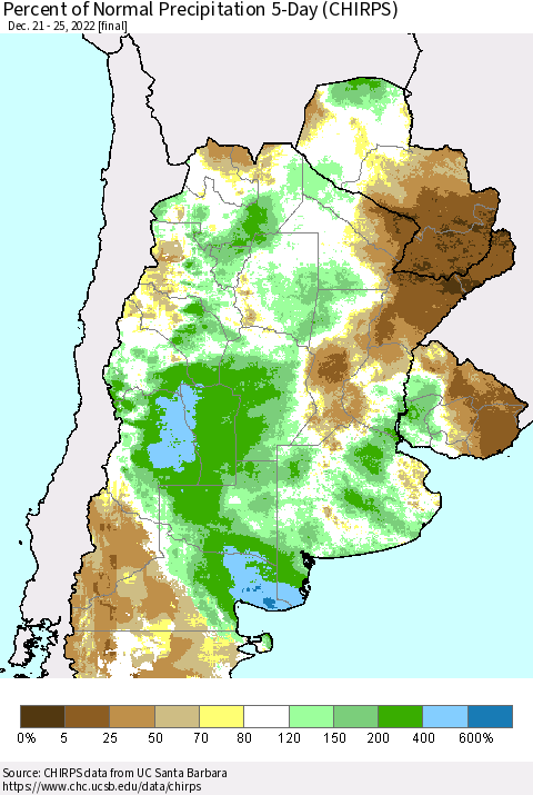 Southern South America Percent of Normal Precipitation 5-Day (CHIRPS) Thematic Map For 12/21/2022 - 12/25/2022