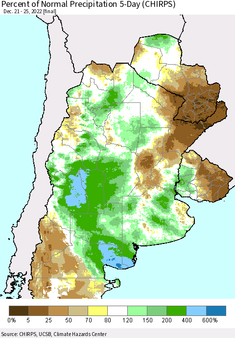 Southern South America Percent of Normal Precipitation 5-Day (CHIRPS) Thematic Map For 12/21/2022 - 12/25/2022