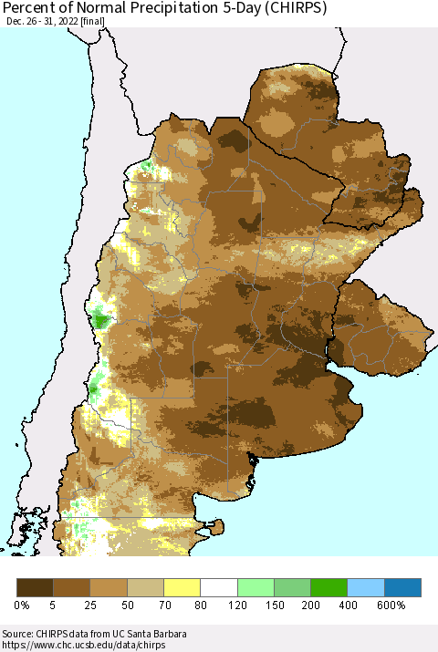 Southern South America Percent of Normal Precipitation 5-Day (CHIRPS) Thematic Map For 12/26/2022 - 12/31/2022