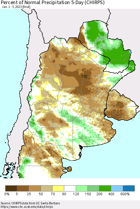 Southern South America Percent of Normal Precipitation 5-Day (CHIRPS) Thematic Map For 1/1/2023 - 1/5/2023