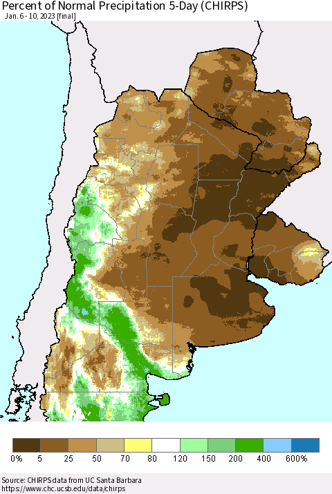 Southern South America Percent of Normal Precipitation 5-Day (CHIRPS) Thematic Map For 1/6/2023 - 1/10/2023