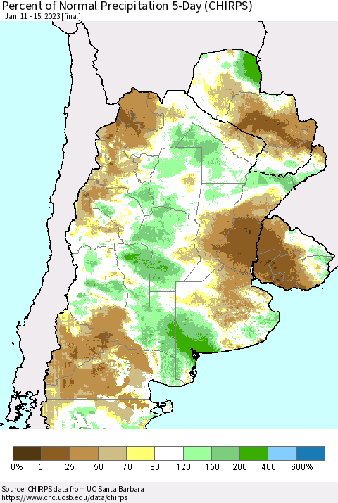 Southern South America Percent of Normal Precipitation 5-Day (CHIRPS) Thematic Map For 1/11/2023 - 1/15/2023