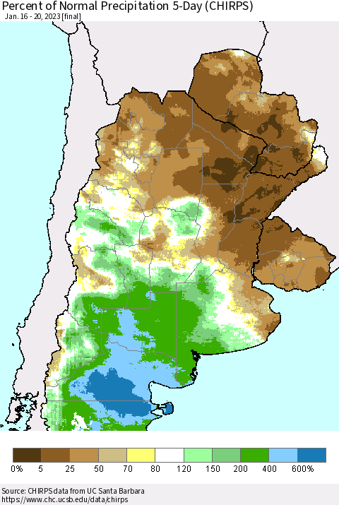 Southern South America Percent of Normal Precipitation 5-Day (CHIRPS) Thematic Map For 1/16/2023 - 1/20/2023