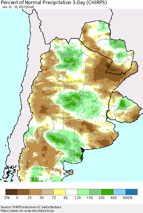 Southern South America Percent of Normal Precipitation 5-Day (CHIRPS) Thematic Map For 1/21/2023 - 1/25/2023