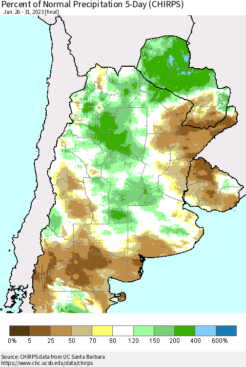 Southern South America Percent of Normal Precipitation 5-Day (CHIRPS) Thematic Map For 1/26/2023 - 1/31/2023