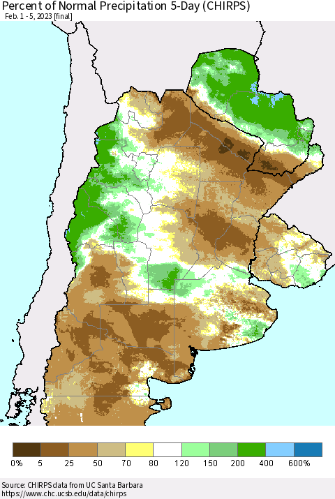 Southern South America Percent of Normal Precipitation 5-Day (CHIRPS) Thematic Map For 2/1/2023 - 2/5/2023