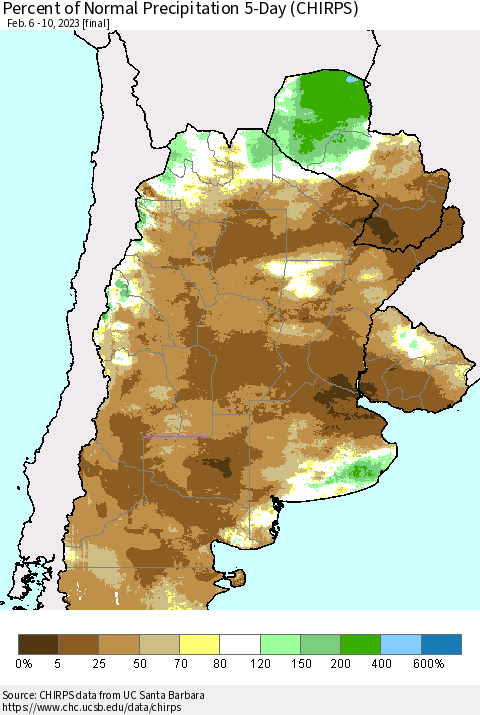 Southern South America Percent of Normal Precipitation 5-Day (CHIRPS) Thematic Map For 2/6/2023 - 2/10/2023