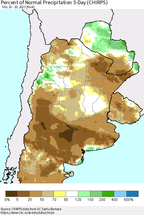 Southern South America Percent of Normal Precipitation 5-Day (CHIRPS) Thematic Map For 2/16/2023 - 2/20/2023