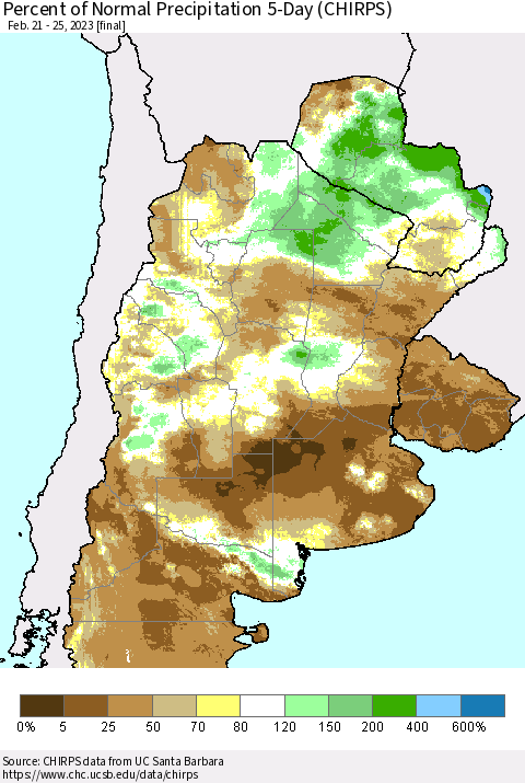 Southern South America Percent of Normal Precipitation 5-Day (CHIRPS) Thematic Map For 2/21/2023 - 2/25/2023