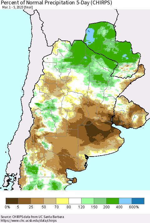 Southern South America Percent of Normal Precipitation 5-Day (CHIRPS) Thematic Map For 3/1/2023 - 3/5/2023
