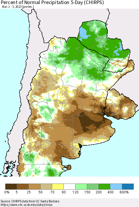 Southern South America Percent of Normal Precipitation 5-Day (CHIRPS) Thematic Map For 3/1/2023 - 3/5/2023
