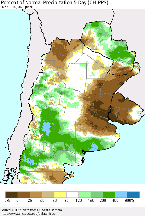 Southern South America Percent of Normal Precipitation 5-Day (CHIRPS) Thematic Map For 3/6/2023 - 3/10/2023