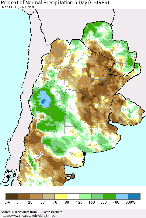 Southern South America Percent of Normal Precipitation 5-Day (CHIRPS) Thematic Map For 3/11/2023 - 3/15/2023