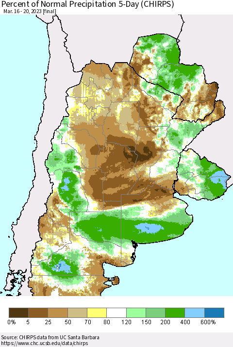 Southern South America Percent of Normal Precipitation 5-Day (CHIRPS) Thematic Map For 3/16/2023 - 3/20/2023