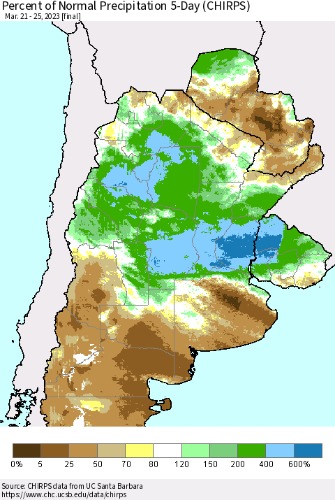 Southern South America Percent of Normal Precipitation 5-Day (CHIRPS) Thematic Map For 3/21/2023 - 3/25/2023