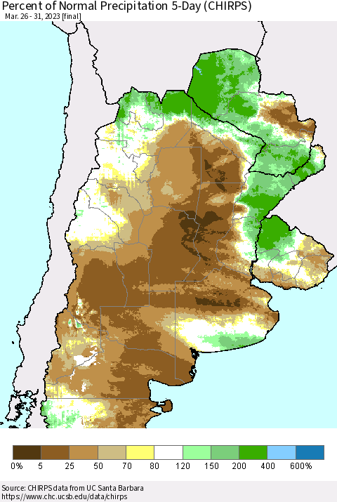 Southern South America Percent of Normal Precipitation 5-Day (CHIRPS) Thematic Map For 3/26/2023 - 3/31/2023