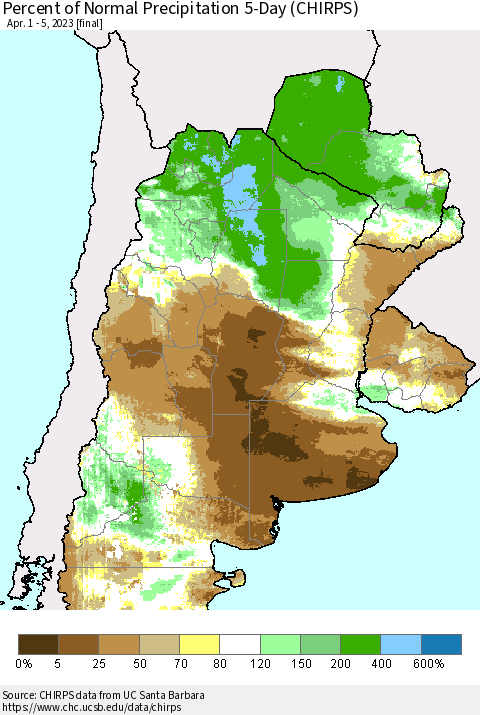Southern South America Percent of Normal Precipitation 5-Day (CHIRPS) Thematic Map For 4/1/2023 - 4/5/2023