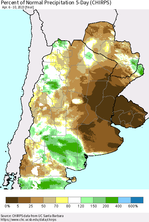 Southern South America Percent of Normal Precipitation 5-Day (CHIRPS) Thematic Map For 4/6/2023 - 4/10/2023