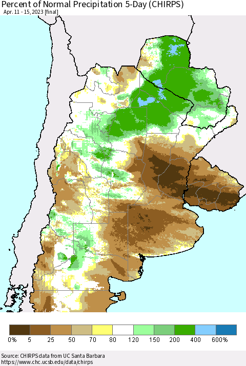 Southern South America Percent of Normal Precipitation 5-Day (CHIRPS) Thematic Map For 4/11/2023 - 4/15/2023