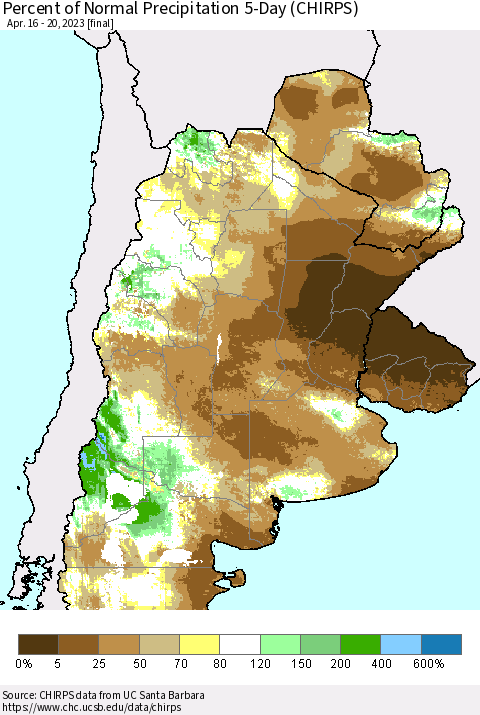 Southern South America Percent of Normal Precipitation 5-Day (CHIRPS) Thematic Map For 4/16/2023 - 4/20/2023