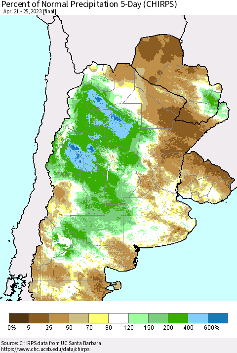 Southern South America Percent of Normal Precipitation 5-Day (CHIRPS) Thematic Map For 4/21/2023 - 4/25/2023