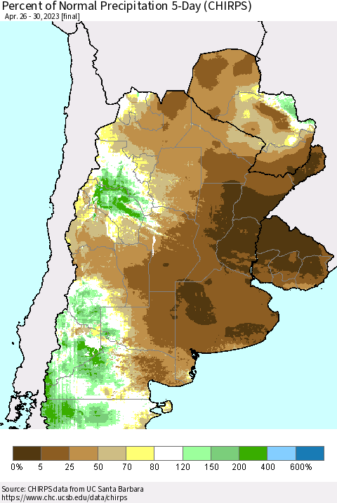 Southern South America Percent of Normal Precipitation 5-Day (CHIRPS) Thematic Map For 4/26/2023 - 4/30/2023