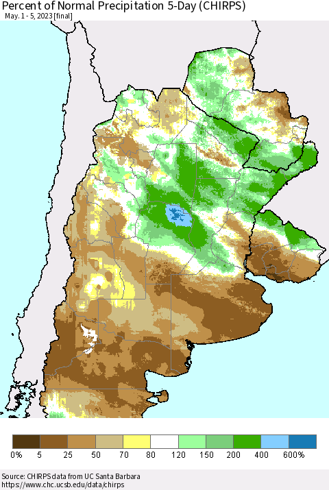 Southern South America Percent of Normal Precipitation 5-Day (CHIRPS) Thematic Map For 5/1/2023 - 5/5/2023