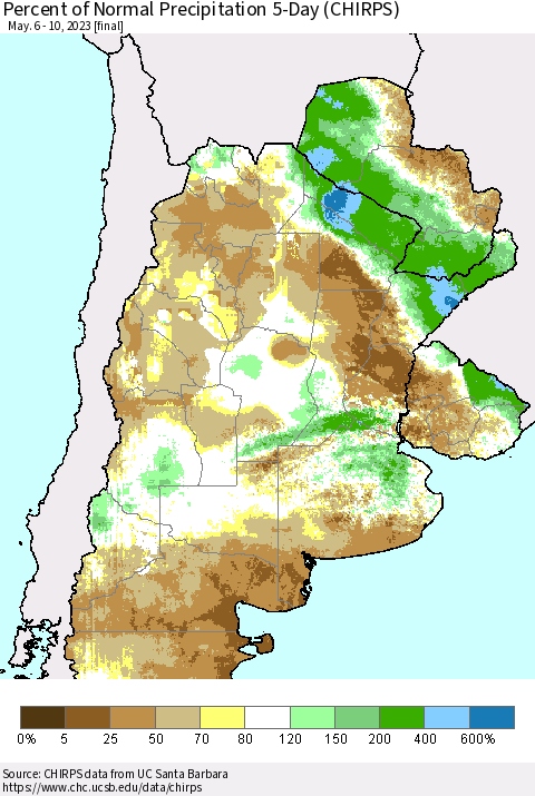 Southern South America Percent of Normal Precipitation 5-Day (CHIRPS) Thematic Map For 5/6/2023 - 5/10/2023