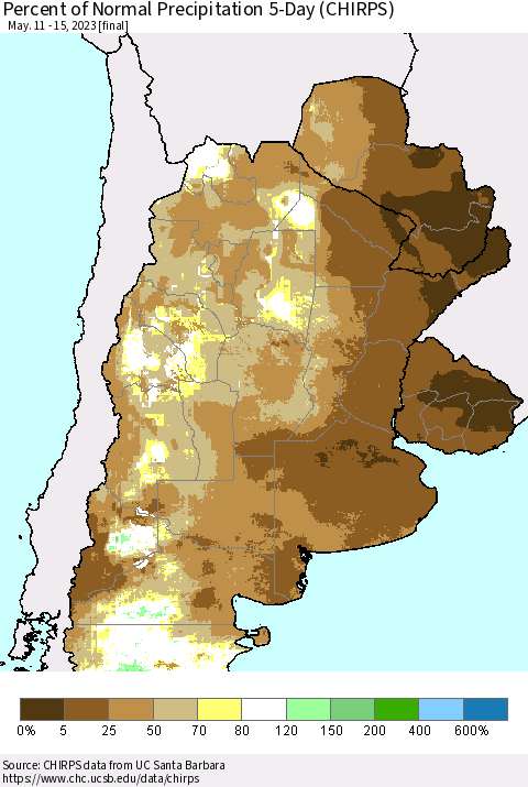 Southern South America Percent of Normal Precipitation 5-Day (CHIRPS) Thematic Map For 5/11/2023 - 5/15/2023