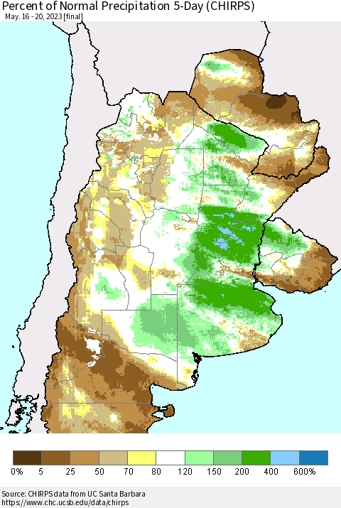 Southern South America Percent of Normal Precipitation 5-Day (CHIRPS) Thematic Map For 5/16/2023 - 5/20/2023