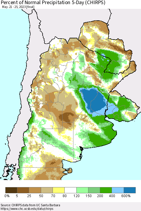 Southern South America Percent of Normal Precipitation 5-Day (CHIRPS) Thematic Map For 5/21/2023 - 5/25/2023