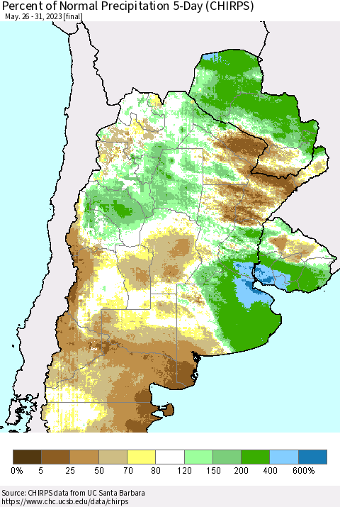 Southern South America Percent of Normal Precipitation 5-Day (CHIRPS) Thematic Map For 5/26/2023 - 5/31/2023