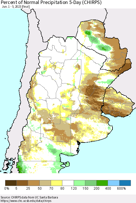 Southern South America Percent of Normal Precipitation 5-Day (CHIRPS) Thematic Map For 6/1/2023 - 6/5/2023