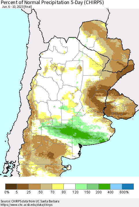 Southern South America Percent of Normal Precipitation 5-Day (CHIRPS) Thematic Map For 6/6/2023 - 6/10/2023