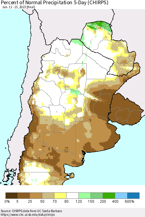 Southern South America Percent of Normal Precipitation 5-Day (CHIRPS) Thematic Map For 6/11/2023 - 6/15/2023