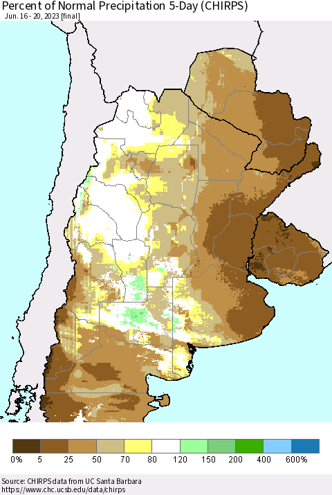 Southern South America Percent of Normal Precipitation 5-Day (CHIRPS) Thematic Map For 6/16/2023 - 6/20/2023