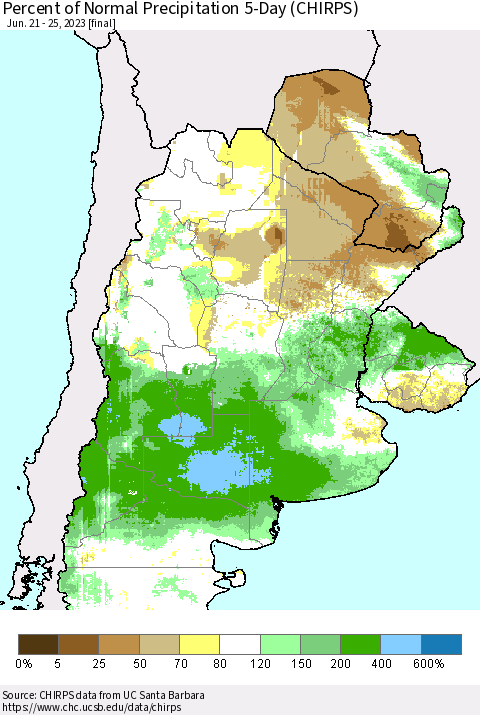 Southern South America Percent of Normal Precipitation 5-Day (CHIRPS) Thematic Map For 6/21/2023 - 6/25/2023