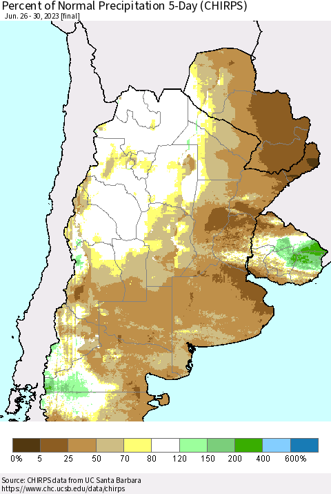 Southern South America Percent of Normal Precipitation 5-Day (CHIRPS) Thematic Map For 6/26/2023 - 6/30/2023