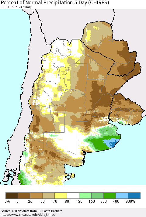 Southern South America Percent of Normal Precipitation 5-Day (CHIRPS) Thematic Map For 7/1/2023 - 7/5/2023