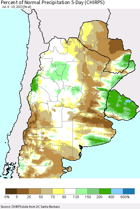 Southern South America Percent of Normal Precipitation 5-Day (CHIRPS) Thematic Map For 7/6/2023 - 7/10/2023